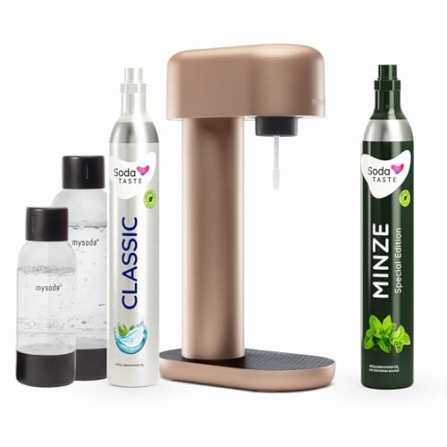Sparpaket: Mysoda Ruby - Wassersprudler aus Aluminium mit 1L und 0,5L BPA-freier Plastikflasche, CO2-Zylinder Classic + CO2-Zylinder Minze (Kupfer)