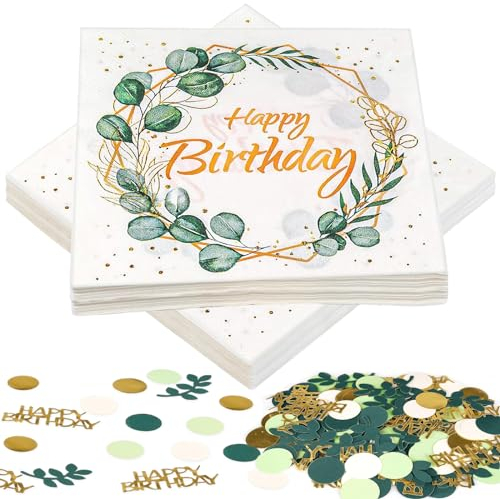 BURGEON 40 Stück Servietten Geburtstag Grün, Servietten Happy Birthday mit 15g Geburtstag Konfetti, Eukalyptus Geburtstag Deko Papierservietten Tischdeko für Junge Mädchen Geburtstag Party Deko