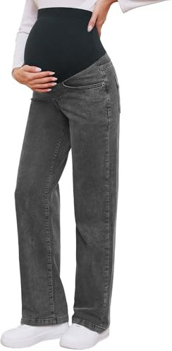 fitglam Damen Umstandsjeans, gerades Bein, entspannte Passform, über dem Bauch, Schwangerschaft, Denim, Arbeitshose, Umstandskleidung mit Taschen, 04 Wash Black, X-Groß