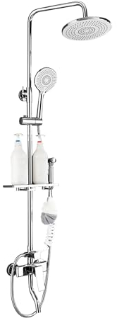 Brausegarnitur Duscharmatur Duschset Duschsystem, Regendusche set, Überkopfbrause set, mit Ablage Chrom Duschstangeset, Wasserhahn aus Kupfer, Höhe 90 cm-110 cm, 3 Strahlart 4 Wasserabgabemodi