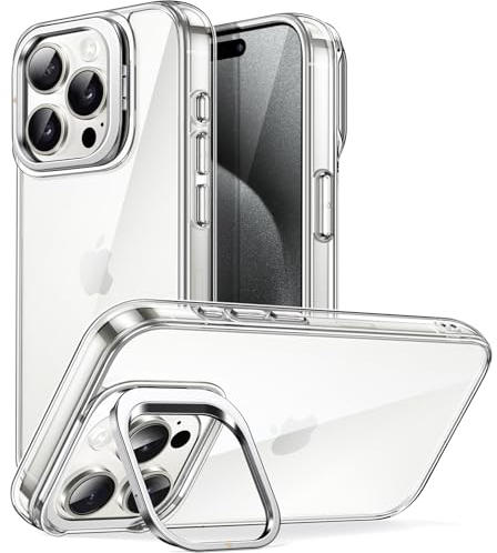 JETech Kickstand Case for iPhone 15 Pro Max 6.7-Inch, Built-in Camera Ring Stand, Non-yellowing Shockproof Phone Bumper Cover, Anti-Scratch Clear Back (Clear)