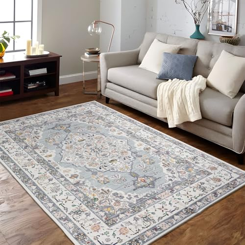 TALETA Teppich Wohnzimmer Kurzflor, Orientalisch Waschbar für Esszimmer, Schlafzimmer - Hellblau, 120 x 170cm