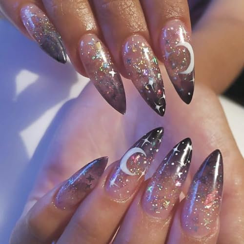 TRENTSNOOK Extra Long Rectangle Press On Fake Nails Purple Black Translucent Gel Adhesive Nails Star Pattern Long Acrylic Press On Fake Nail Pads 24pcs for Women & Girls For Halloween(Jelly glue)