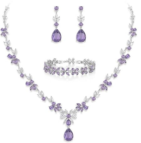 EVER FAITH Schmuck Set für Damen Hochzeit Party Cubic Zirkonia Fashion Floral Blatt Halskette,Baumeln Ohrringe und Tennis Armband Lila Silber-Ton