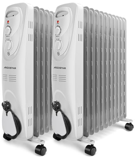 Aigostar Pangpang Radiateur à huile 11 éléments, 2 300 W, dispose de 3 réglages de puissance et d'un contrôle thermostatique de la température. Design exclusif. 2 pièces