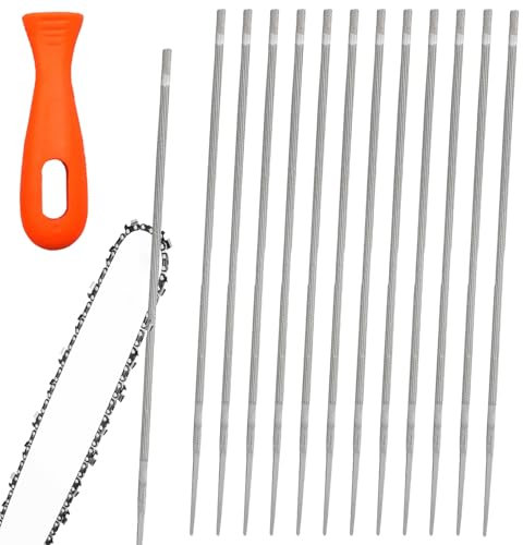 Lot de 12 limes pour tronçonneuse - 4,0 mm - Lime ronde avec poignée - Limes à aiguilles - Limes pour tronçonneuse - Limes pour réparer et affûter les tronçonneuses