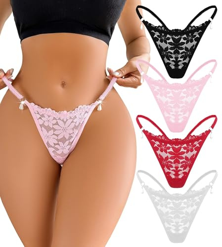 FULLJOYLOVE Perizoma per Donne Pizzo Mutandine Francesi Sexy G String T Indietro Mutandine Elastiche Perizoma Hipster Bikini Slip Confezione da 4 Nero Bianco Borgogna Rosa XS