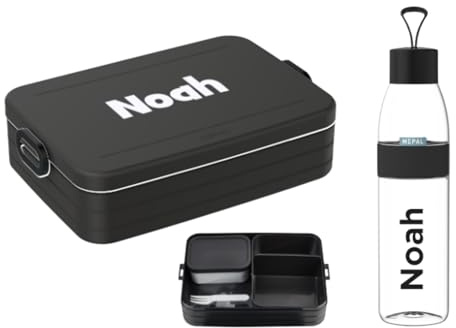 Mepal Set – Personalisierte Bento Lunchbox & Trinkflasche 700 ml – Brotdose mit Namen für Kinder & Erwachsene – BPA-frei – Schule, Büro & unterwegs – Nordic black