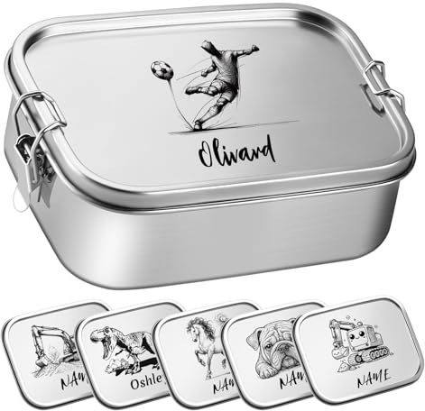 OXYEFEI Fiambrera para niños con compartimentos, fiambrera de acero inoxidable personalizada, para la escolarización (fútbol, 1000 ml)