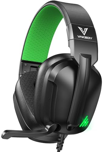 Vakedy HW11 Gaming Headset for PS4, PS5, Xbox Series X, PC, Switch, Gaming Headphones with Noise Canceling Microphone, Stereo Sound, Folding Design, 3.5mm Audio Jack (Black/Green)