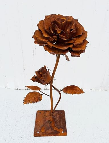 3D Rose mit 2 Blüten 80 cm Edelrost Gartendeko Wetterfest Rost Blume Metall