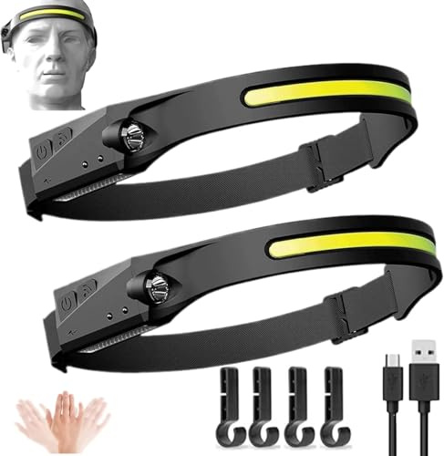 Luxelight - Torcia frontale a LED, torcia da testa Luxe Light, super luminosa, fascio largo 230°, con sensore di movimento, per corsa, campeggio, caccia [classe energetica A+++] (2 pezzi)