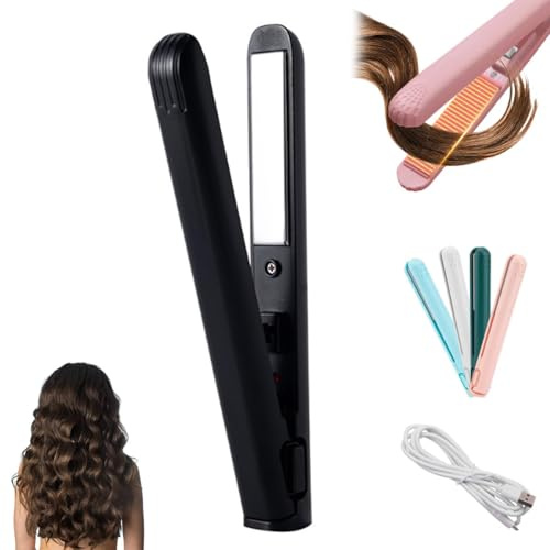 Mini Lockenstab, Tragbarer USB Lockenstab, Mit Heißschutzgehäuse, Tragbarer Reise Haarglätter Für Alle Haartypen,Haarglätter Für Kurze Haare (Schwarz)