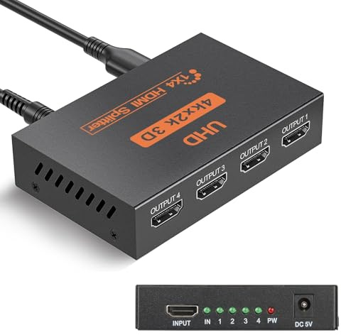 HDMI Splitter 1 in 4 Out, 4K@30Hz HDMI Hub with Power Cable - 4 Way Box for UHD Audio/Video Sync, Supports HDTV/Projector/PC/Laptop/PS3/DVD (Black, USB Power Cable)
