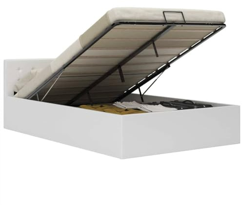 QUAHEAS Stauraumbett Hydraulisch Weiß Kunstleder 120x200 cm, Modernes Polsterbett mit Lattenrost, MDF-Rahmen und Gasdruckfeder für Schlafzimmer