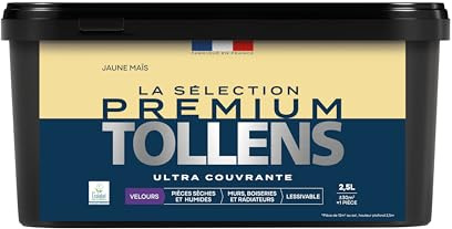 Tollens - Peinture Couleur - Murs, Boiseries & Radiateurs - La Sélection Premium - Pièces sèches et humides - Ultra couvrante - Ultra résistante - Ecolabel - Velours - JAUNE MAÏS - 2L5 = 30m²