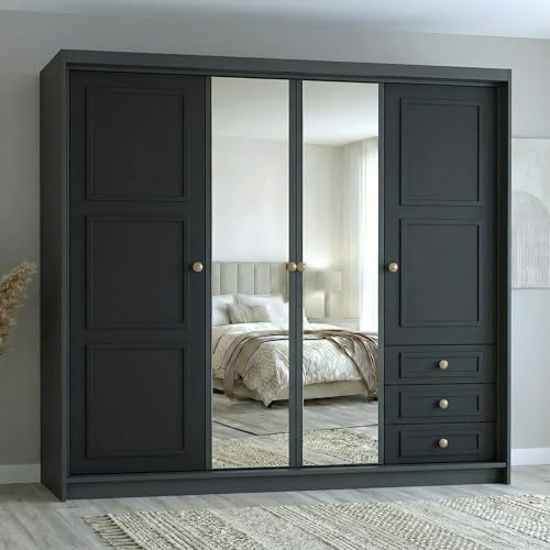 A&J MöbelLand Oslo Kleiderschrank 4-türig mit 3 Schubladen – 200 x 215 cm – Drehtürenschrank mit Kleiderstange und Einlegeböden, Modernes Design mit Metallgriffen