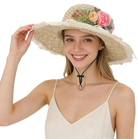 TINAYAUE Damen Strohhut mit Blumen Sonnenhut mit Spitzenbesatz breiter Krempe Strandhut Atmungsaktiv Sommerhut UV Schutz Fischerhut Leicht Anglermütze Outdoor Hut für Reisen, Urlaub