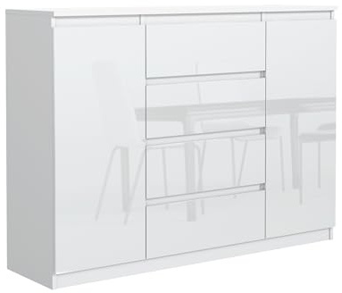 Masseno Kommode NUDO 120 cm Sideboard mit 4 Schubladen und 2 Türen für Wohnzimmer Schlafzimmer Modern 120x39x101,5 cm Weiß/Weiß