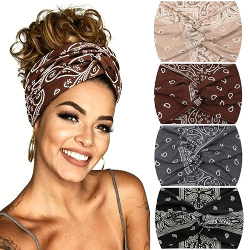 4 Stück 18cm Breite Elastische Boho Haarbänder für Damen | Weiches gestricktes Stirnband, mehrfarbig, kein Druck & rutschfest. Für Alltag, Yoga, Sport, Fitness. Bequemer Haarschmuck