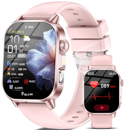 Smartwatch Damen mit EKG/Schlafmonitor/BMI/HRV/LED-Licht,2,0Gesundheitsuhr mit 24H Blutdruckmessung Pulsuhr Harnsäure Körpertemperatur SpO2, Menstruationszyklus SOS-Notruf Fitnessuhr für iOS/Android