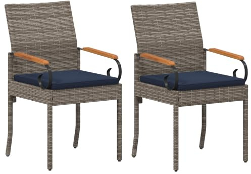 vidaXL Gartenstühle 2 pcs Grau und Marineblau Poly-Rattan und Akazie, Akazienstühle, rechteckige Sitzgelegenheit, wetterfeste Polyrattan-Gartenmöbel, bequemes Design
