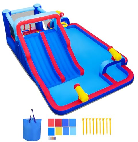 GIANTEX Castillo Hinchable para Niños 3-12 Años, Parque Acuático Infantil con 2 Toboganes, Piscina, Zona de Salto, Rocódromo, Canasta de Baloncesto y 3 Cañones de Agua, Castillo Inflable para Exterior