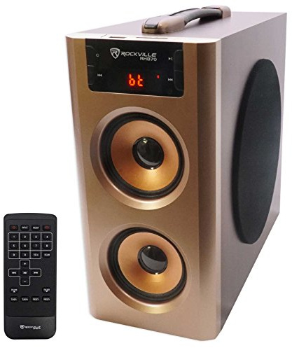 Rockville RHB70 Home Theater Compact Powered Speaker System, Bluetooth/USB/SD/FM, 4 Subwoofer, 2.1 Channel, 100W Peak, Cherry Wood Finish, for Home Entertainment