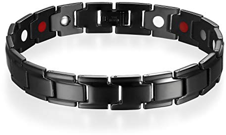 Flongo Herren Magnetarmband, 12mm Groß Breit Titan Magnet Therapie Kugel Perle Perlen Armband Armreif Link Handgelenk Schwarz Gesundheit Biker Energetix Magnetschmuck Herrenarmband