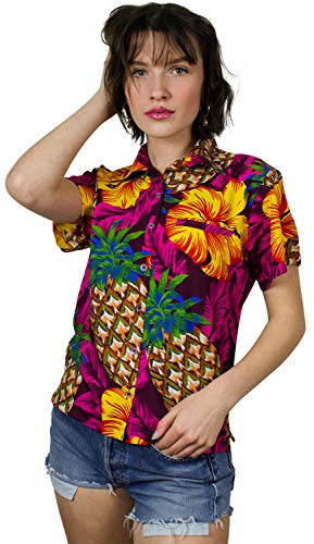 King Kameha Funky Hawaii-Bluse-Hemd, Damen, Kurzarm, Pineapple-Hibiscus, Magenta-Pink, L