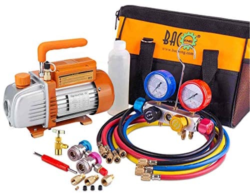 BACOENG Pompe à vide Climatisation et 4 Voies Kit Recharge Climatisation Voiture, Idéal pour R134A R410A R407C