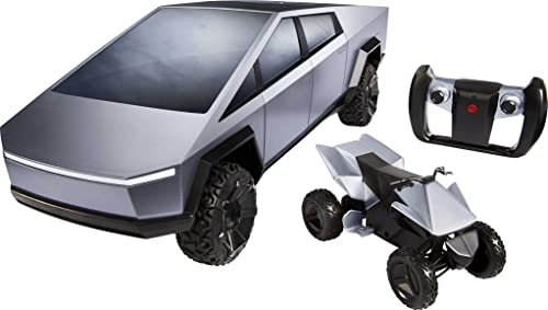 Hot Wheels Ferngesteuertes Auto, 1:10 Tesla Cybertruck, R/C Truck & elektrischer Cyberquad, bis zu 19 km/h schnell, funktionierende Scheinwerfer vorne und hinten, für Kinder und Sammler, GYD25