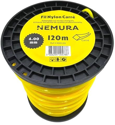 Nemura Fil Débroussailleuse Carré Ø: 4,00mm, L: 120m - Compatible avec d'autres Marques - Haute durabilité - Qualité Professionnelle - Marque Française