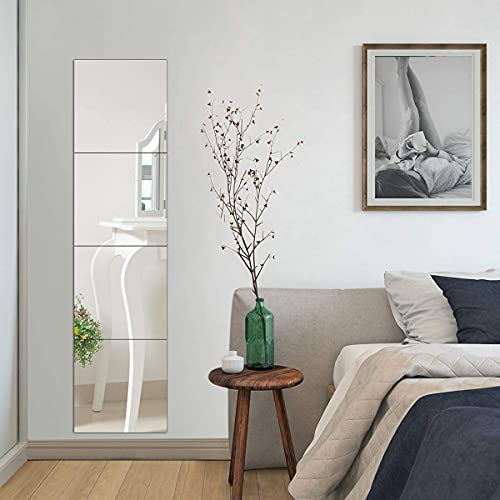 Full Length Body Mirror Wall Sticker, 4 PCS Removable Square Acrylic Mirror Wall Sticker, Flexible Non Glass Dressing Mirror Plastic Sheet Tiles Walls Decal Bedroom Bathroom Closet Door Home Decor