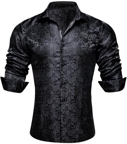 Barry.Wang Men Dress Shirt Silk Luxury Paisley Floral Long Sleeve Big and Tall Wedding Party Casual Business Formal Shirts Black S-3XL