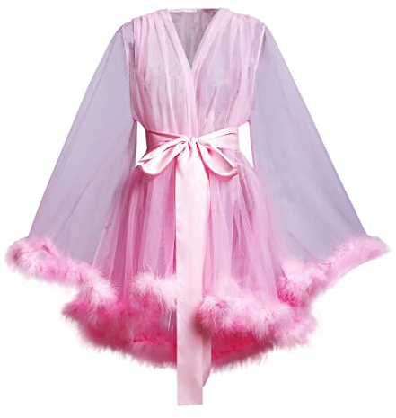 BPURB Damen Sexy Illusion Transparent Spitze Morgenmantel Tüll Feder Robe Schwangerschafts Umstands Fotoshooting Hochzeitskleid Party Bademantel mit Gürtel, rose, M