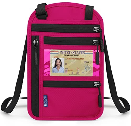 ChuerTech Porta Passaporto da Viaggio, Porta Cellulare Telefono da Collo Uomo Donna, Porta Greenpass Documenti da Collo Blocco RFID per Contante, Carte di Credito, Passaporti, Cellulari - Rosa