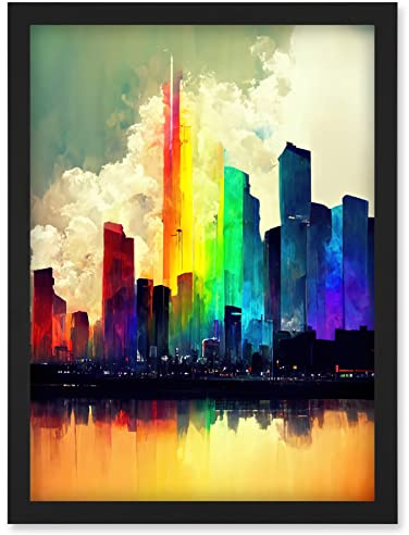 Doppelganger33 LTD Glass City Of Rainbow Reflections Cityscape Artwork Framed Wall Art Print A4