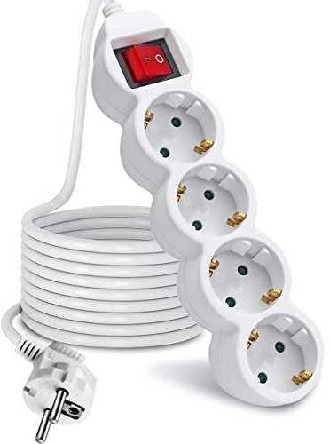 ExtraStar Steckdosenleiste 4-Fach Mehrfachsteckdose mit Save Energy Schalter zum Stromsparen, Kabel 3m, Kindersicherung 16A, 3680W, weiß