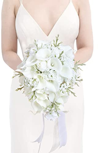 INSUNSIX Bride Bouquets for Wedding,11 Inch White Calla Lily Cascading Bridal Bouquet Silk Flowers for Ceremony Anniversary Wedding Bridal Shower(Natural Whites)