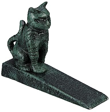 Relaxdays Türstopper, Katze, Gusseisen, Türpuffer für Boden, innen & außen, H x B x T: 11 x 15 x 4 cm, Türkeil, grün