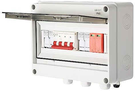 Jadeshay Solar PV Combiner Box, 1000V Solar Distribution Combiner Box Connector 2 String Combiner Box, with 63A Photovoltaic DC Isolation Switch Circuit Breaker,DC1000V 40KA Arrester,30A Fuses