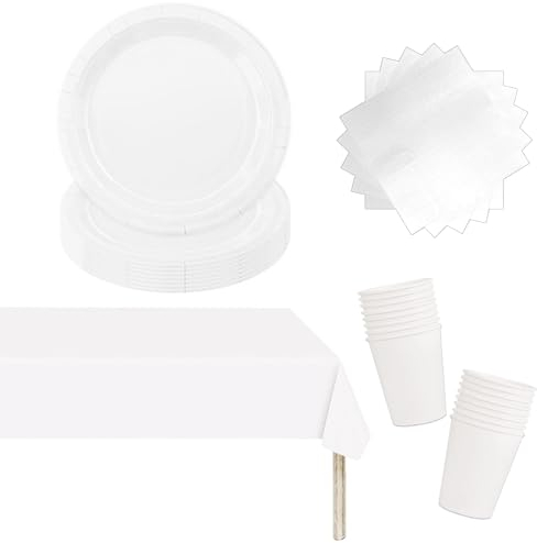 53Pcs White Party Tableware Set,Including White Paper Plates Cups and Serviettes Napkins Table Cloth Tablecover for Kids Picnic Birthday,Baby Shower Graduation Wedding Christmas Party Supplies
