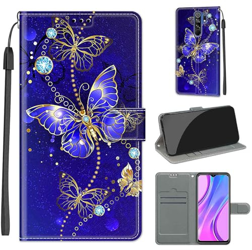 KENHONER Handyhülle für Xiaomi Redmi 9, Schmetterling | Premium Leder Flip, Klappbar, Stoßfest, Magnetisch, Standfunktion, Kartenfächer, Wallet Handyhülle