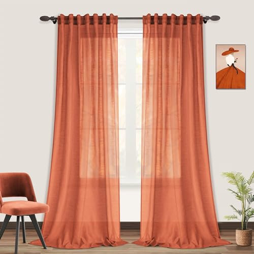 Transparente Vorhänge, Boho-Vorhang für Schlafzimmer, halbtransparenter Vorhang aus Leinen, lichtdurchlässige Vorhang mit Stangendurchschub, Herbstdeko für Wohnzimmer, ca. 213 cm lang, orange