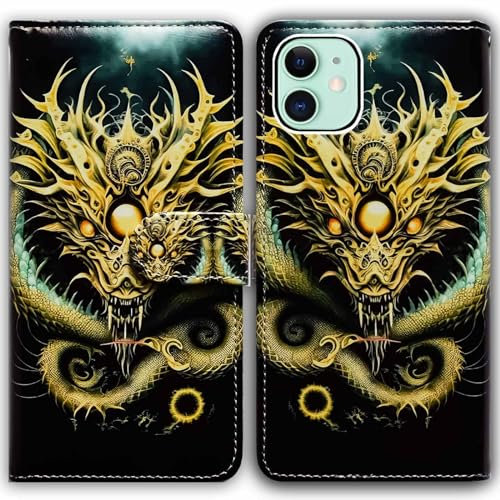 Bcov iPhone 11 Case,Golden Dragon with Ball Leather Flip Phone Case Wallet Cover with Card Slot Holder Kickstand for iPhone 11