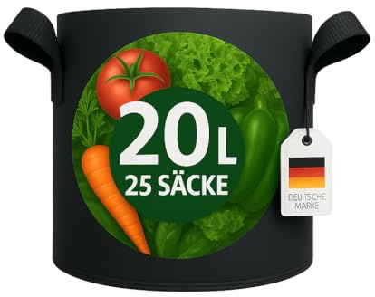 König Design 25x 20L Pflanzsack aus Vlies Stoff - 25er Set 20L Pflanztaschen aus 300 g/m² Filz & Vliesstoff - Pflanzgefäß Pflanzbeutel für Balkon Terrasse Gewächshaus & Garten