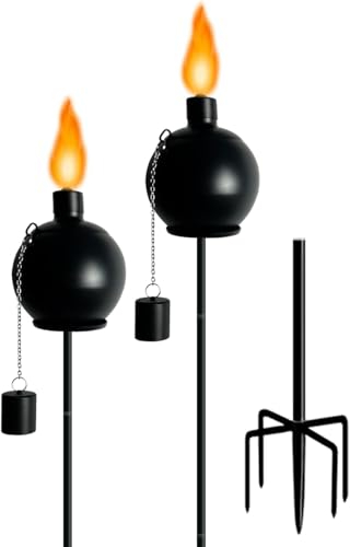 Koutemie 154 cm Gartenfackel mit 5 geerdeten Pfahl für außen, Metall Citronella Licht Fackeln Outdoor dekorativ und funktional für Party, Hof, Terrasse, Weg, Schwarz, 2 Stück