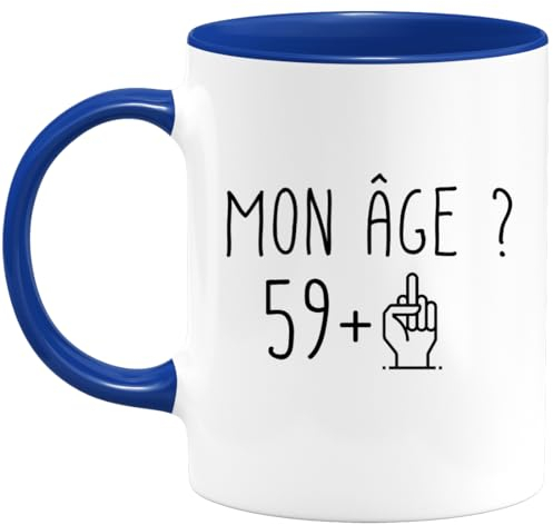 quotedazur Café-Croissant - Mug Personnalisé Humour Anniversaire 60 Ans Mon Âge Doigt Honneur - Cadeau Noël Original Soixantenaire Tasse 1965 Homme Femme - Bleu/Céramique