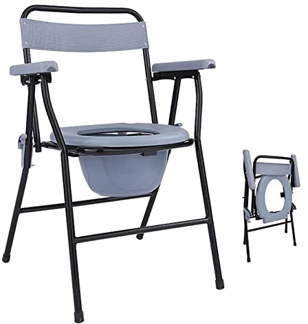 JKJZSALJ Klappbarer Toilettenstuhl Mit Eimer, Toilettenstuhl Für Erwachsene Aus Edelstahl Für Den Nachttisch, Duschstuhl Mit Armlehnen Und Rückenlehne Für Camping, Wanderausflüge, Baustelle